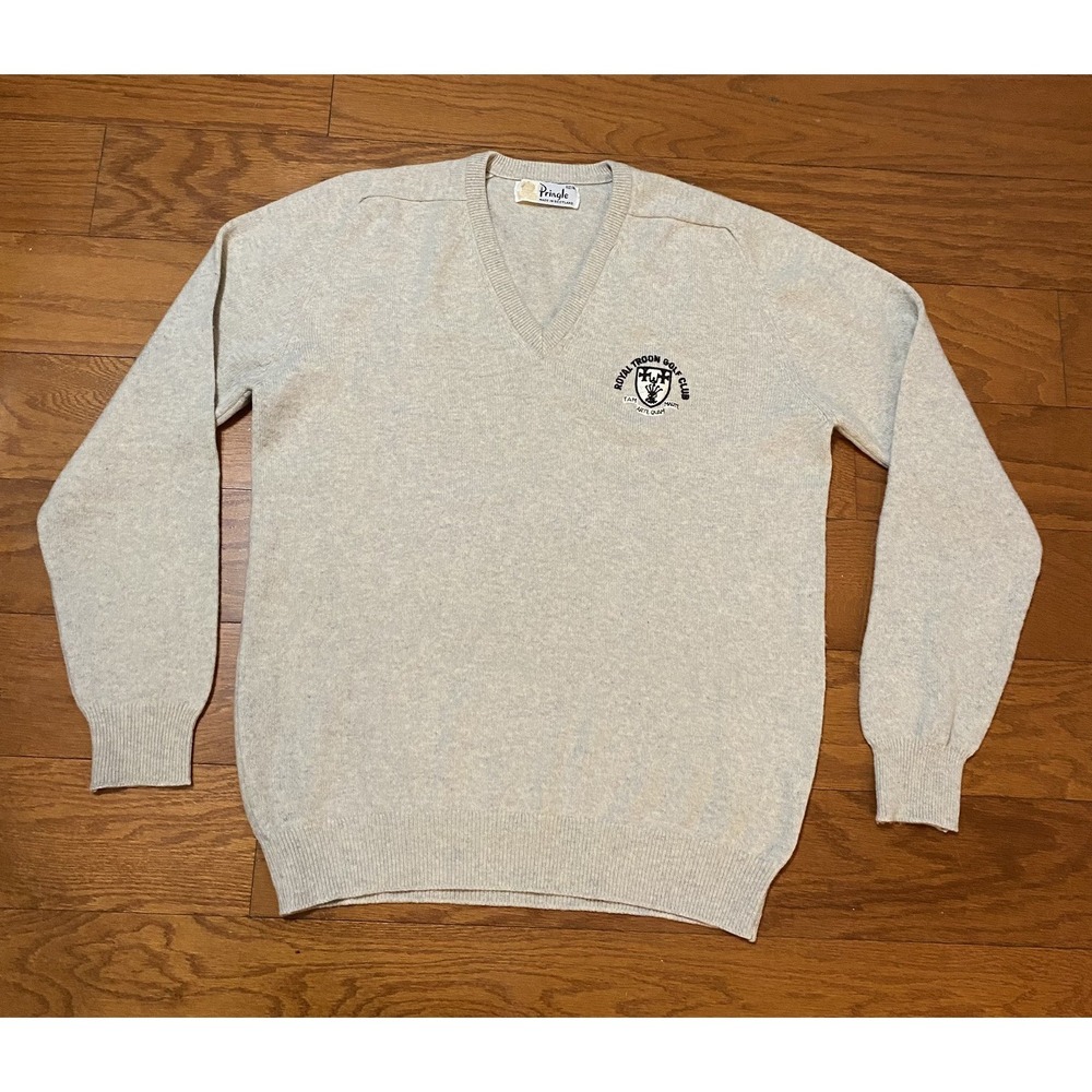 Vintage Pringle of Scotland Sweater Sz 44 Beige 100% Lambswool Royal Troon Golf